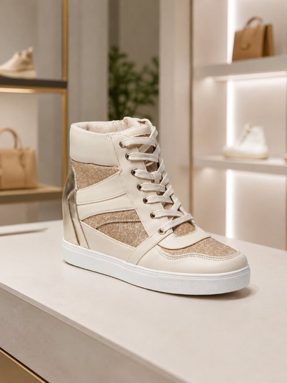 New BCBGeneration Jansy High-Top Wedge Sneakers In Bianca/Platino Size 6.5